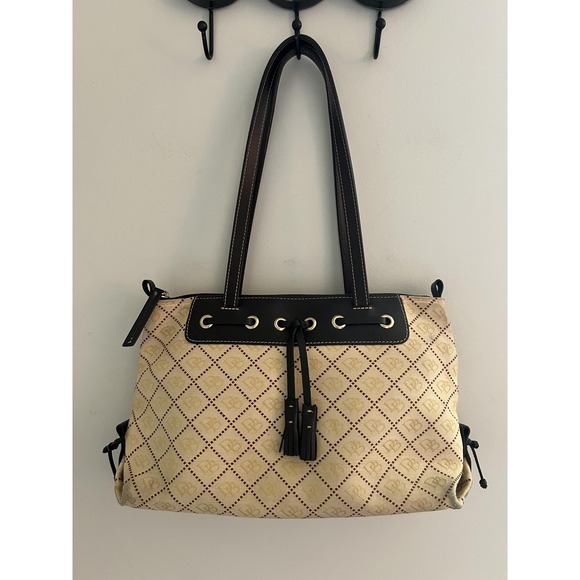 Dooney & Bourke Handbags - Dooney & Bourke Tote Bag Womens Medium Beige Logo Jacquard Leather Tassel